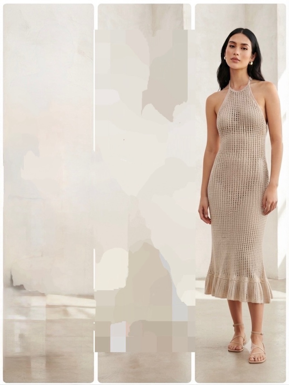 stradivarius Beige Halter Crochet Midi Dress